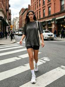 EWH 230g Thick Unisex Washed Vintage Oversized T-Shirt Street Hip Hop Punk Harajuku Casual Cotton Shorts DG004 - 灰色 - 查看 6