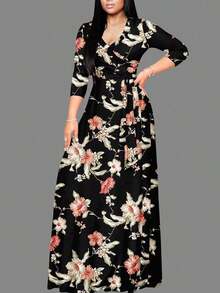 2026 Vestido de mujer con cuello en V y cintura ceñida, manga corta, elegante negro para primavera/verano - Negro 2 - Ver 6