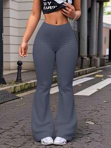 Leggings de yoga de cintura alta de unicolor con campana para mujer, pantalones de entrenamiento, running y fitness de primavera - Gris Oscuro - Ver 4
