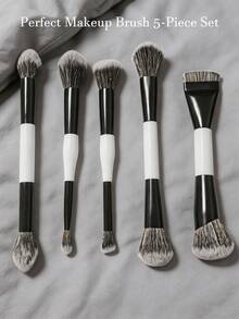 5pcs Professional Dual-Ended Makeup Brush Set, Perfect Makeup Brush 5-Piece Set For Face & Eye Makeup, Including Foundation Brush, Eyeshadow Brush, Contour Brush, Concealer Brush, Blush Brush, Powder Brush, Highlighter Brush, Essential Makeup Tools For Daily Use, Beginner Makeup Kit, Gift For Her - Black and White - View 8