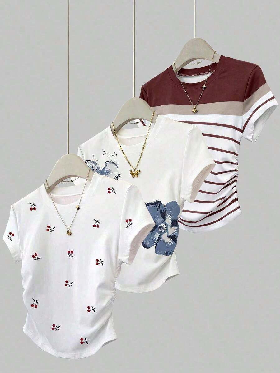 3 piezas Tops deportivos casuales de verano para mujer, nuevos diseños, a rayas y con estampado floral, adecuados para volver a la escuela, Día del Maestro - Multicolor 7 - Ver 1