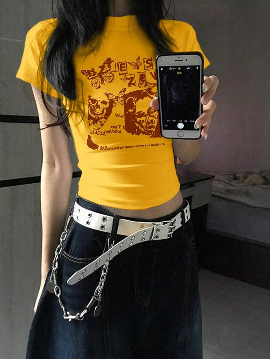 復古人像與字母印花短袖T恤,獨特設計女款夏季休閒上衣,黃色 - 黃色 - 查看 1
