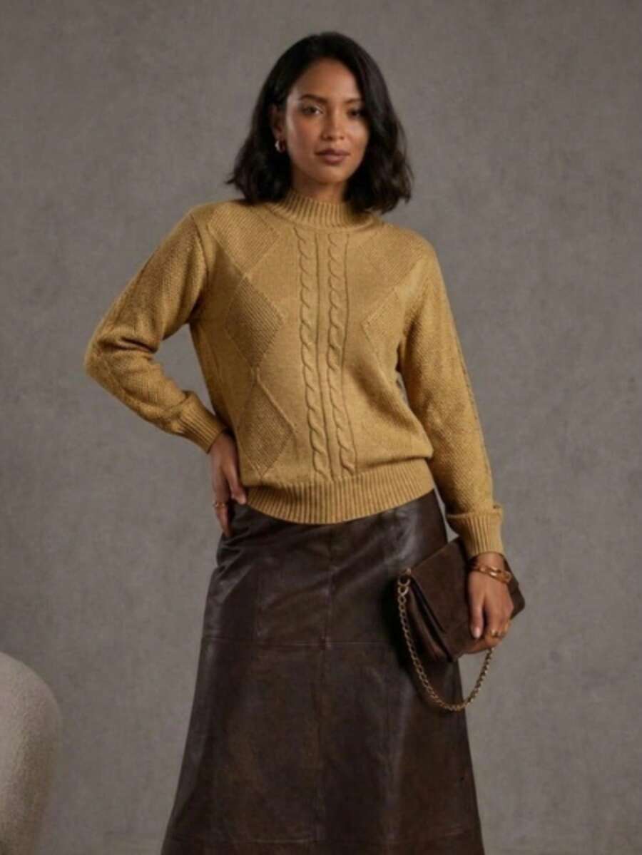 Women's Modal Knit Winter Blouse With Braided High Neck, Modern Style - Beige - View 1