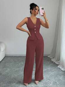 Conjunto de camiseta sin mangas y pantalones elegante para mujer, estilo de oficina y transporte, atuendo de otoño para maestros - Color caoba - Ver 4