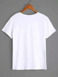 Camiseta casual minimalista de manga corta con estampado de letras y corazones, cuello redondo, estilo casual. - Blanco - Ver 2