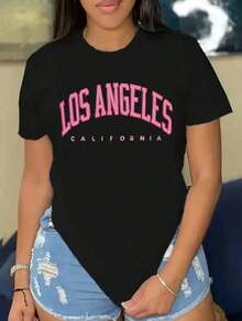 Camiseta gráfica de mariposa casual para mujer - Manga corta, cuello redondo, negro con diseño de los angeles rosa, tejido de poliéster suave, perfecta para primavera y verano, ropa casual 44YX - Negro - Ver 1