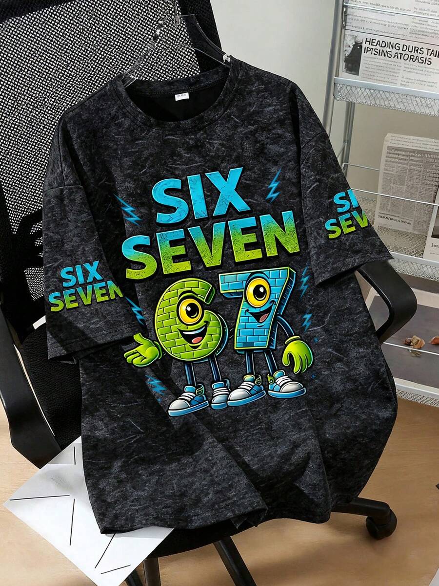 男童休闲印花圆领短袖T恤系列,饰有趣味十足的“67”数字和“SIX SEVEN”字母印花,适合夏季穿着。 - 黑色 - 查看 1