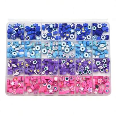24pcs Blue & Purple Polymer Clay Bead Set, Dreamlike Gradient Cartoon Beads, Suitable For DIY Bracelet, Necklace, Jewelry Handcraft Kit