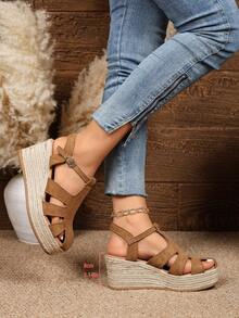 New Women's Wedge Thick Bottom Sandals, Fashion Versatile Hollow Wedge Sandals, Suede Woven Thick Bottom Strap Open Toe Casual Shoes - Brown - View 9
