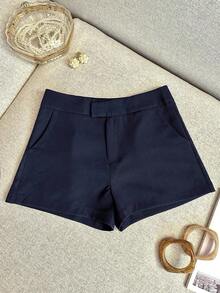 Pantalones cortos casuales de mujer de unicolor simple con bolsillo - Azul marino - Ver 1