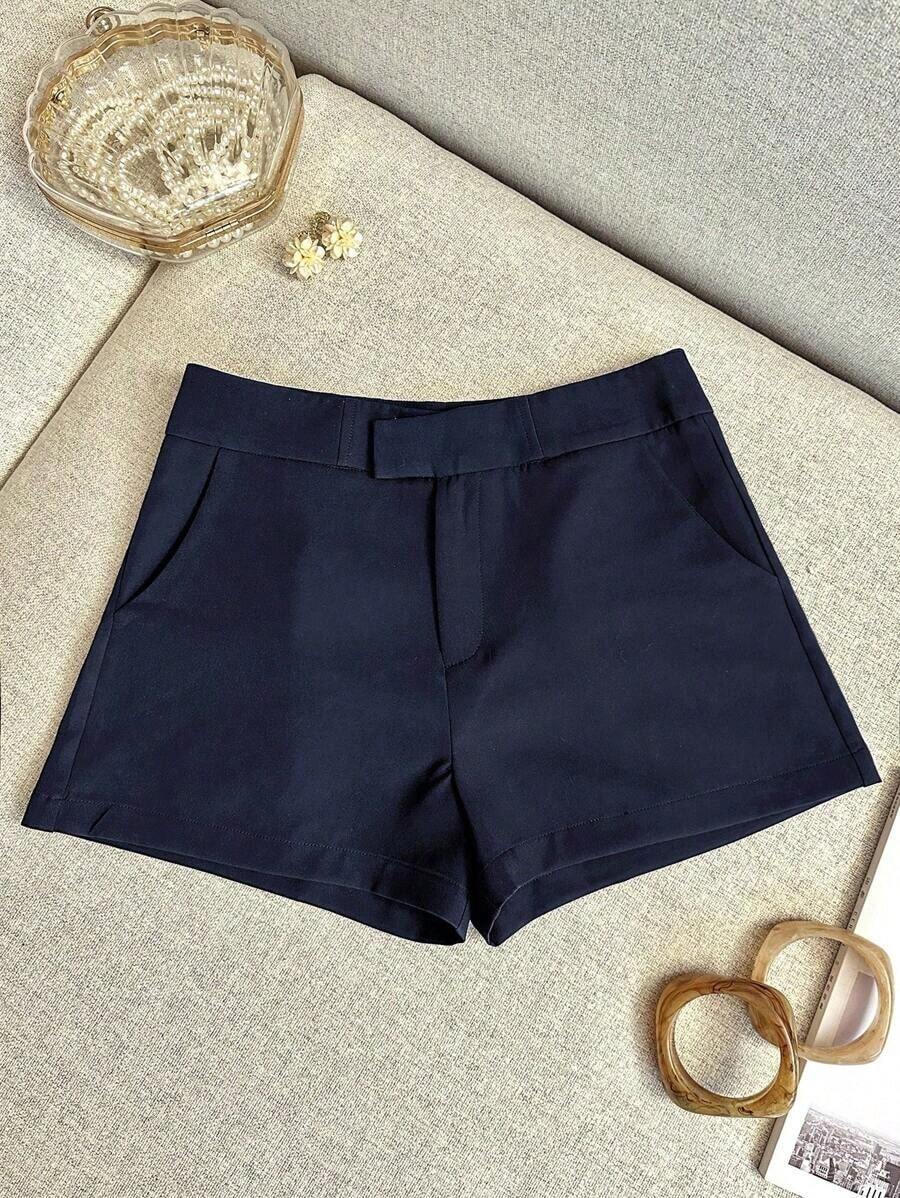 Pantalones cortos casuales de mujer de unicolor simple con bolsillo - Azul marino - Ver 1