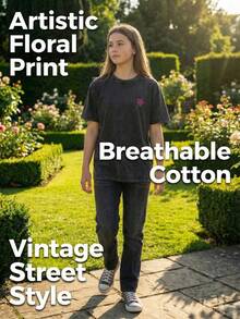 Áo thun cotton họa tiết hoa nhí dáng rộng dành cho nữ, màu đen, cổ tròn, tay ngắn, kiểu dáng tối giản, phù hợp mặc hàng ngày, thiết kế retro mùa hè. - màu đen - Xem 8