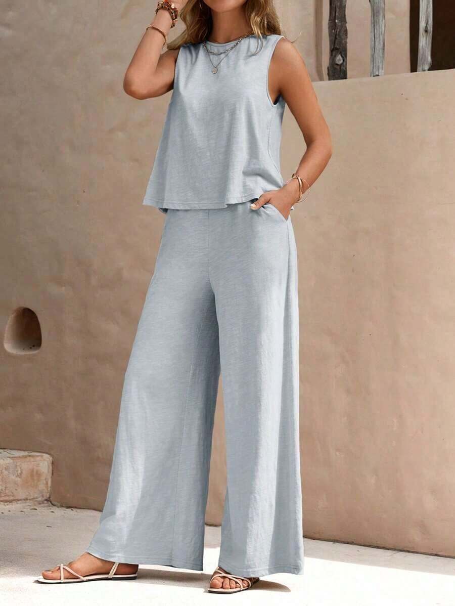 Faunlyn Top tank unicolor & Pantalones de pierna ancha - Celeste - Ver 1
