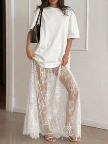 Vestido casual de mujer con parches de encaje de manga corta (sin cinturón), vestido de punto de unicolor con parches de encaje para uso diario, oficina, citas, la longitud y el tamaño se pueden ajustar con un cinturón, el estilo casual es holgado, se sugiere pedir una talla menos.Elegante - Blanco - Ver 4