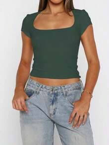 Blusa ajustada y sexy de punto para mujer , camiseta casual de cuello cuadrado de unicolor, primavera/verano - Verde Oscuro - Ver 8