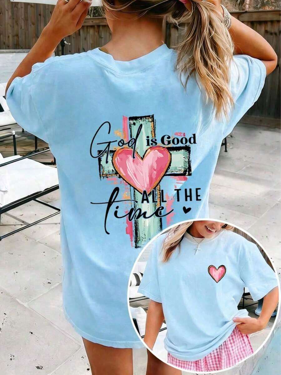 Lightweight Summer T-Shirt With Hand-Drawn Lettering And Cross Print, Christian Religious T-Shirt With The Phrase "God Is Always Good", Casual Short-Sleeve Crew Neck Faith Clothing, White - 淺藍色 - 查看 1