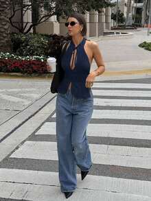 Top tipo halter ajustada con cuello de corbata y diseño calado para mujer, blusa sin mangas con abertura frontal - Azul - Ver 8