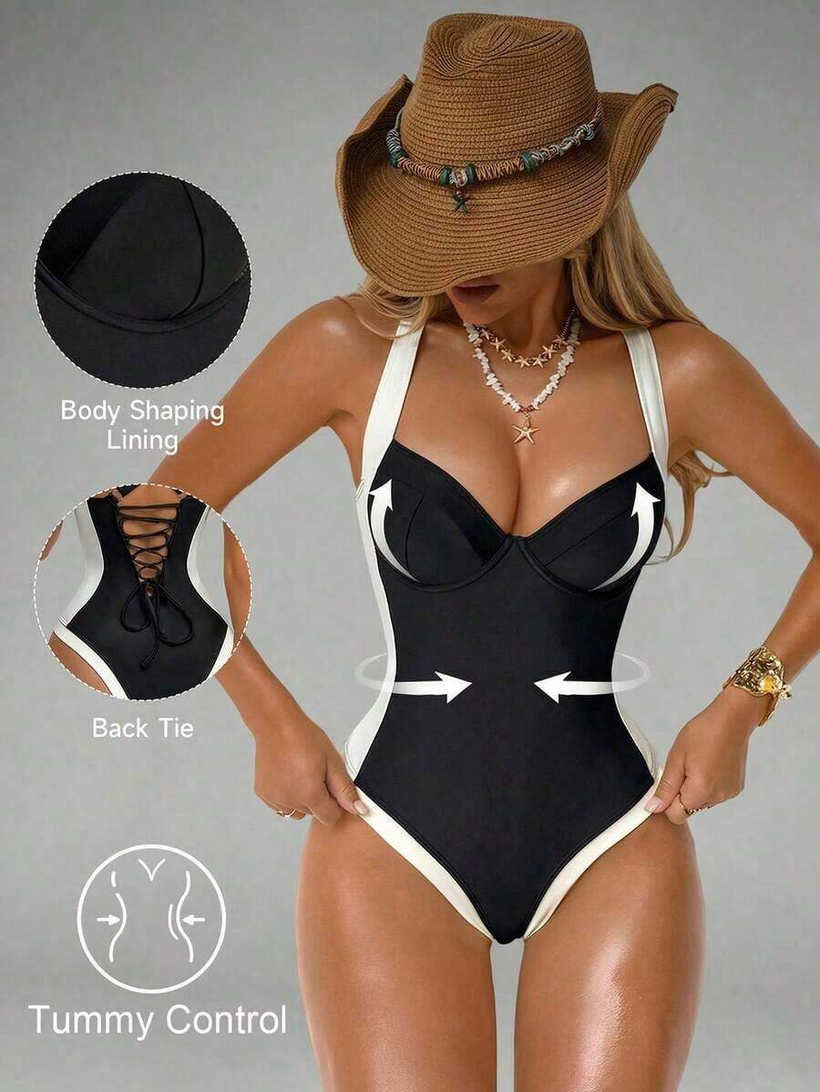 Shapewave Traje de baño de una pieza con control de abdomen, con abertura lateral, push-up y efecto estilizante, en marrón y beige para mujer - Blanco y Negro - Ver 1