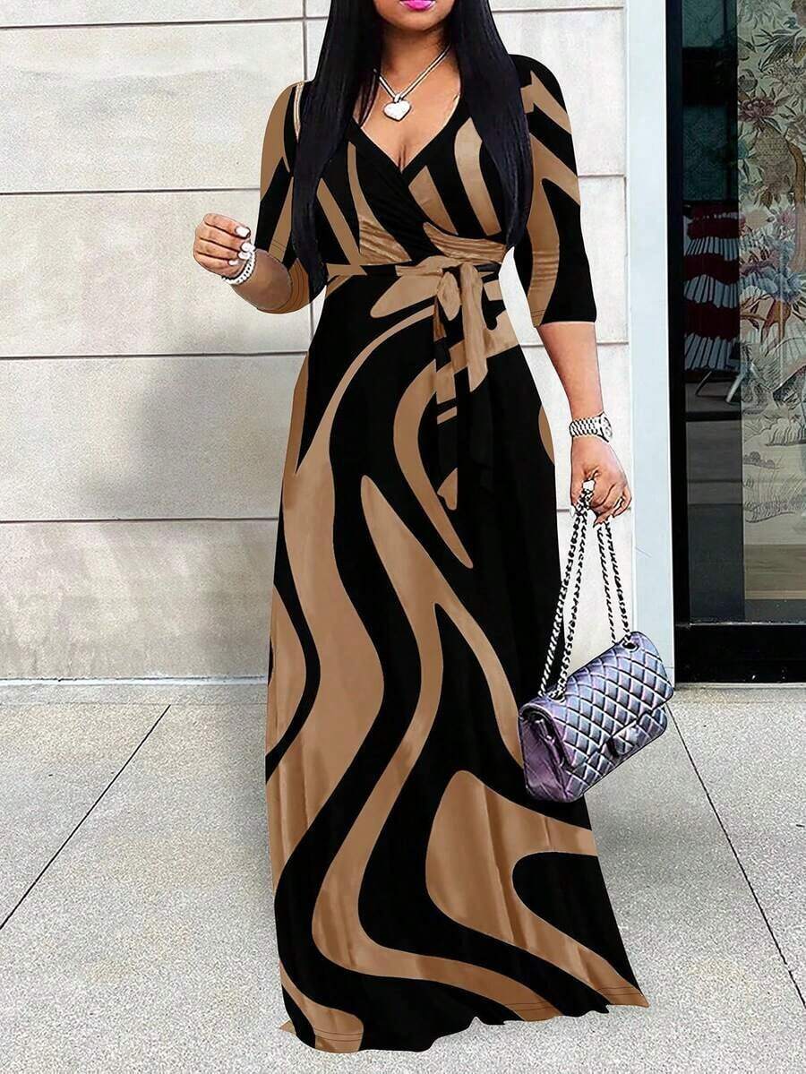 2026 Vestido azul ligero de mujer con cuello en V y cintura ceñida, elegante para primavera/verano - Café integral 2 - Ver 1