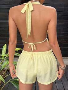 SunnyBelle Top sin espalda con escote profundo en V de cuello halter a rayas azul y blanco de lino, y shorts casuales sueltos con cordón a la cintura, conjunto veraniego sexy, lindo, elegante y romántico para mujer - Amarillo 2 - Ver 2