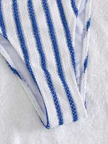 3 piezas Conjunto de bikini de punto a rayas sexy - Top triangular + Bottom de cintura baja + Pantalones de pierna ancha ajustables| Traje de baño de vacaciones en la playa retro Verano Rojo - Azul y blanco - Ver 5