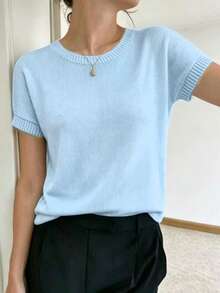 Solid Color Minimalist Fashionable Breathable Round Neck Short Sleeve Knit Top Summer - Baby Blue - View 1