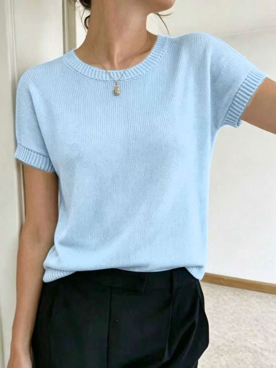 Solid Color Minimalist Fashionable Breathable Round Neck Short Sleeve Knit Top Summer - Baby Blue - View 1