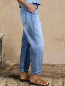 Women's High Waist Pockets Straight Loose Casual Versatile Jeans Spring - Baby Blue - View 4
