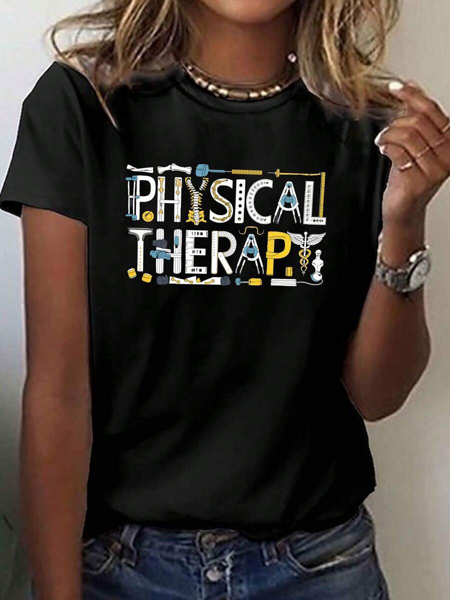 Camiseta estampada ilustrada de fisioterapia para el cuidado de la salud de primera calidad, top casual de manga corta y cuello redondo, adecuada para verano y primavera, ropa de mujer, ecológica. - Negro - Ver 1