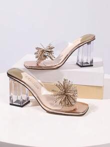 Nuovi sandali con tacco alto trasparenti e scintillanti come fuochi d'artificio, con tacco chunky in cristallo e punta quadrata, scarpe slip-on estive eleganti, con design in strass, adatti per appuntamenti e feste, di stile chic - Champagne - Visualizzare 6