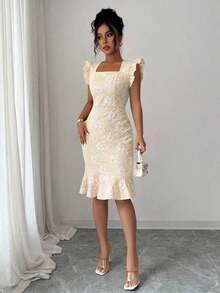 Vestido elegante de jacquard para ir al trabajo, verano - Caqui - Ver 3