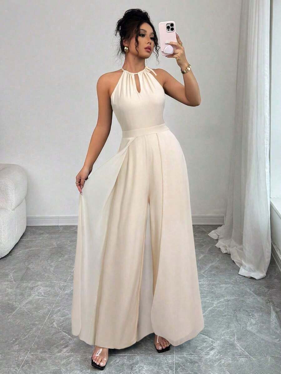 Mono elegante de mujer con cuello en V, cintura ajustable, sin mangas, de gasa con parches, y bajo translúcido - Albaricoque - Ver 1