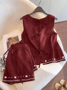 Conjunto casual de vacaciones para mujer, blusa con cuello redondo y estampado teñido anudado en la espalda, combinada con shorts estampados, para /verano - Rojo - Ver 1