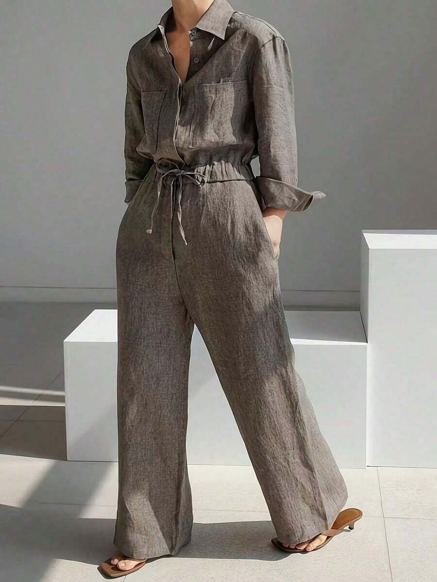 Mono de mujer casual de unicolor con solapa y manga larga, elegante para la primavera - Gris - Ver 1