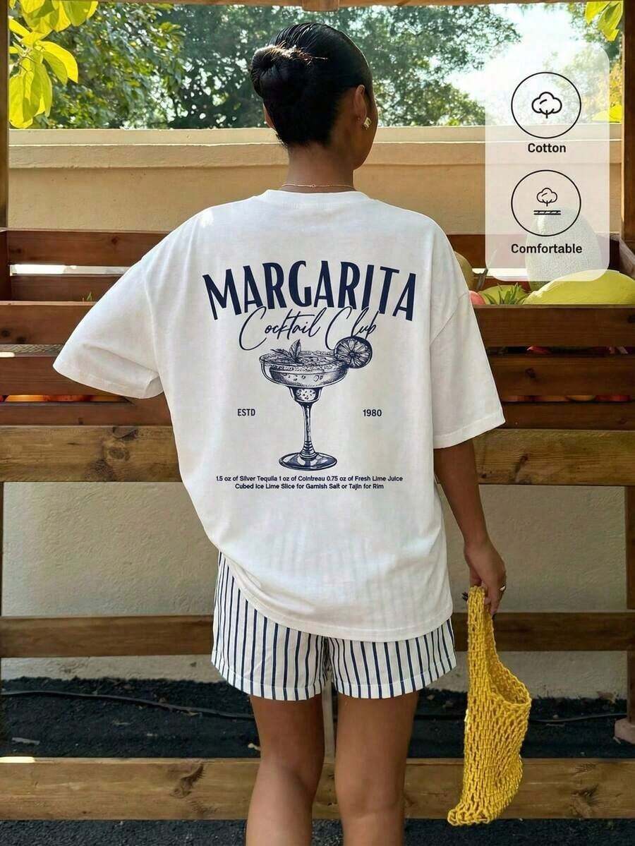 Camiseta holgada de manga corta con cuello redondo, de estilo minimalista con patrón a rayas y eslogan en color rosa, adecuada para uso diario, citas, reuniones, otoño/invierno/verano, Navidad, Año Nuevo, Acción de Gracias, fiestas, bodas, playa, ceremonias de graduación, con un estilo elegante y casual para salidas, citas, reservas, viajes, San Valentín, vacaciones y otras ocasiones. ,Playera Gráfica Casual para Mujer con Estampado | Verano 2026 - Blanco 6 - Ver 1