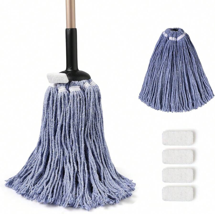 Heavy Duty Floor Mop With 2 Reusable Cotton Heads 4 Scouring Pads Non Touch Wet Dry Cleaning For Home Commercial Kitchen Garage Office Blue - 100pcs - 查看 1