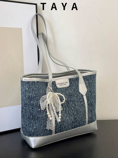 Large Capacity Fashion Minimalist PU Tote Bag, Waterproof Design (Includes Pendant), Commuter Work Bag, Suitable For Women's Daily Use, Student Backpack, Portable And Foldable, Business Casual Style, Suitable For Girls, Female College Students, Teachers, Career Starters And White-Collar Workers, Applicable To Campus, Vacation, Beach, Holiday, Shopping And Other Occasions, Fashionable Zipper Tote Bag, Must-Have Item For Vacation