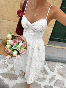 Women's Floral Print Elegant Spaghetti Strap Midi Dress, Vacation Style New Year Party Christmas Summer Beach Valentine's Day Holiday Resort - 淺粉色 - 查看 5