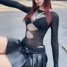 Rhinestone Sheer Mesh Lingerie Costume Set, Sparkling Hot Drill Decor Design, Pure Aesthetic See Through Perspective Style, Elegant Dance Performance Outfit, Soft Stretchy Skin Fabric, Seductive Fitted Tailored Cutting, Glamour Shiny Rhinestone Accents, Flirty Boudoir Tempting, Multi Purpose Themed Uniform Wear, Lightweight Breathable Daily Loungewear, Romantic Intimate Bedroom Attire,  Stylish Stage And Lounge Costume For Women - T330白色簡裝 - 查看 3