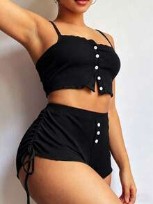 Women's Casual Drawstring Camisole And Shorts Pajama Set, Suitable For Spring, Summer And Autumn - Black - View 5