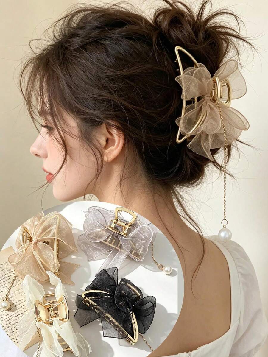 1pc Women's Hair Claw Clip, Delicate Mesh Bow Tassel Hair Accessory, Bridal Headpiece, Suitable For Casual Daily Wear Occipital Hair Clip - Multicolor - View 1