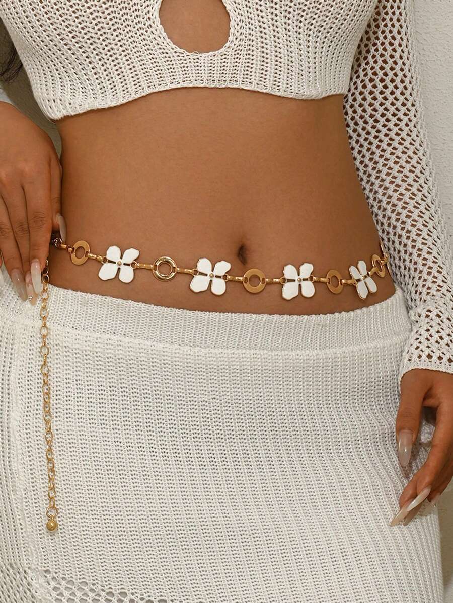 1pc Vintage Personalized Fashion Metal Hollow Four-Leaf Clover Pendant Waist Chain, Minimalist Versatile Sexy Floral Splice Waist Decoration Suitable For Women Daily, Holiday, Party Wear - Gold - View 1