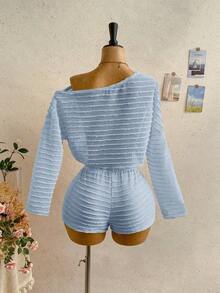 Conjunto informal de 2 piezas de top corto con cuello irregular y borde de lechuga, y shorts, en unicolor, para vacaciones, primavera/verano - Azul 2 - Ver 2