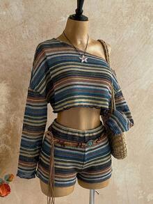 Casual 2-Piece Set Consisting Of A Cropped Top With An Irregular Neckline And Lettuce Hem, And Shorts, In A Solid Color, For Vacation, Spring/Summer - Multicolor 4 - View 11