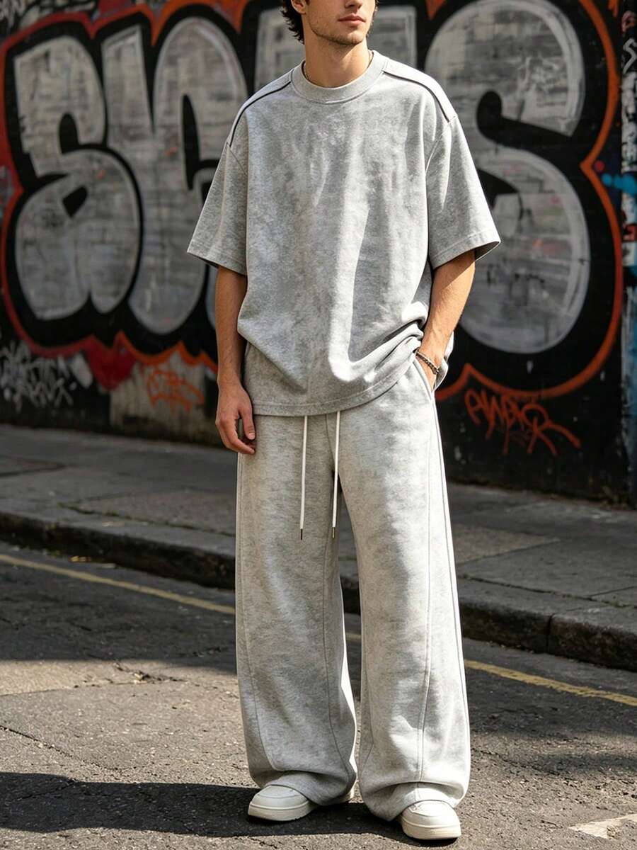 男士圆领中袖T恤搭配抽绳阔腿裤休闲日常套装 - 淺灰色 - 查看 1