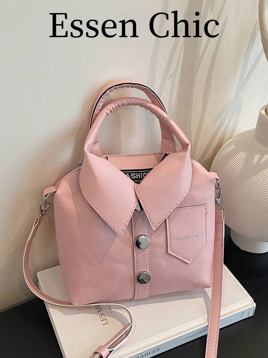 1pc Pink Autumn/Winter Fashion Handbag, Solid Color PU Asymmetric Design Women's Tote Bag, Shoulder & Crossbody - Pink - View 1