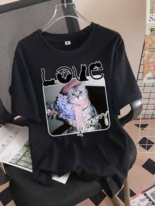 Camisetas Personalizadas para Parejas con Nombres/Textos Personalizados, Regalos Ideales para Parejas, con Lindos Diseños de Gatos, Aptas para Cualquier Temporada y Hechas para la Comodidad - Negro - Ver 11