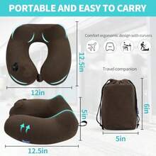 Inflatable Travel Neck Pillow For Airplane, Head Support Velvet Adult Neck Pillow For Long Flight, Kit With Eye Mask, Earplugs And Storage Bag, 1, Brown - Brown - View 2
