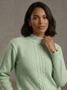 Women's Modal Knit Winter Blouse With Braided High Neck, Modern Style - Olive Green - View 3