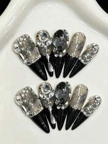 10PCS Long Stiletto Handmade Press On Nails For Party And Daily Wear,Black Colors Nails,Black French Luxury Dark Y2K Style, Full Rhinestone Shining Starry Design, Super Flash Big Gems,Shiny And Dazzling,Easy To Wear 10pcs Y2K Handmade Press On Nails,Summer Nails ,Summer Style,Suitable For Girls And Women Festivals Parties And Daily Wear - Black - View 7